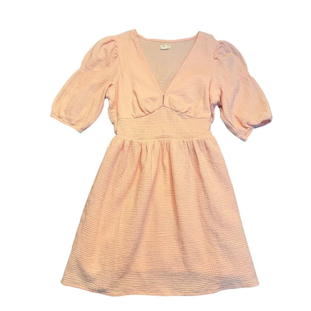 Billabong Pink Cotton Gauze Mini Dress Smocked Waist Puff Sleeve V-Neck Small
